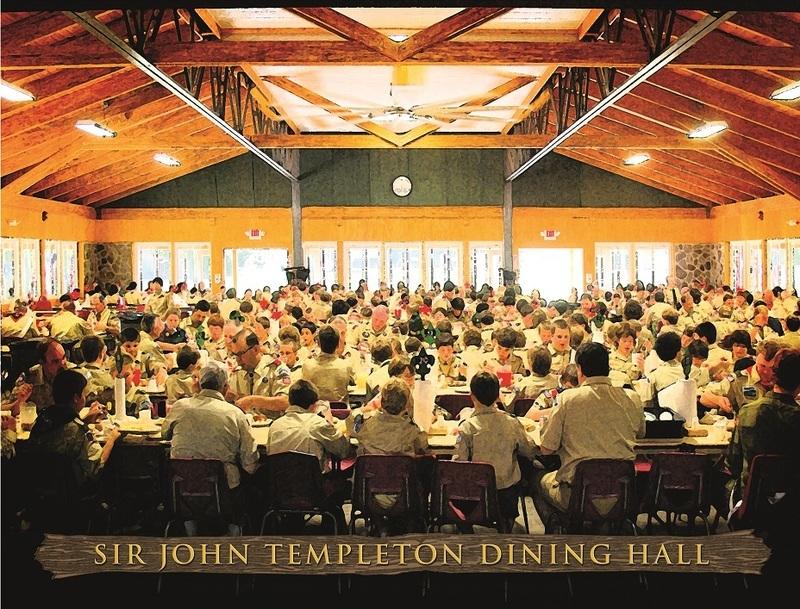 Photorealistic painting ofscouts eating around a table in the dining hall